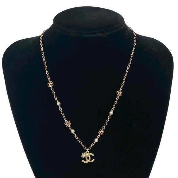 CHANEL Gold Pearl Logo Necklace
